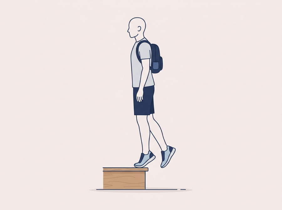 Montée de talon sur une jambe avec sac à dos lesté
