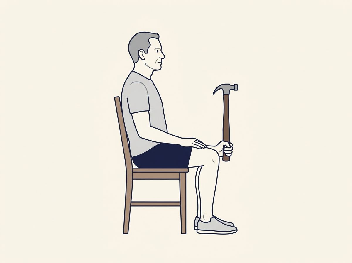 Exercice du marteau : avant-bras posé sur la cuisse, main au-delà du genou, marteau tenu à la verticale par le bout du manche
