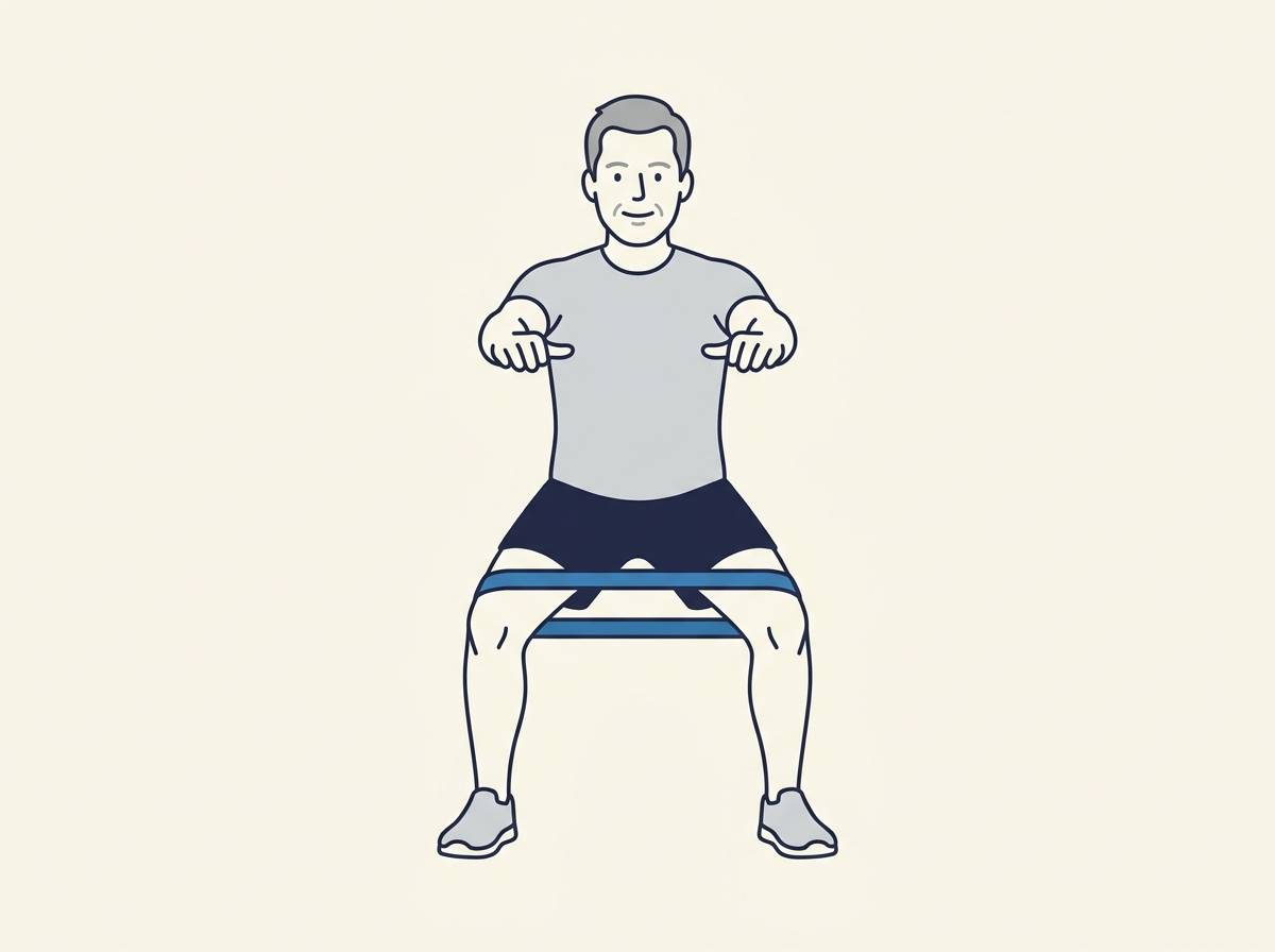 Squat avec élastique autour des cuisses : les genoux résistent et restent dans l'axe des pieds